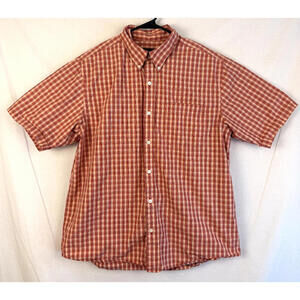 Eddie Bauer Shirt Men's L Orange Red Plaid Short Sleeve Button Up Relaxed Fit